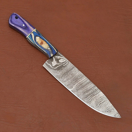 Hand-Forged Damascus Steel Chef Fillet Knife with Pakka Wood Handle & Leather Sheath