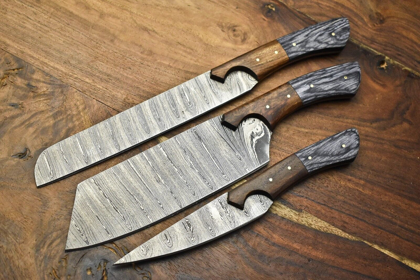 Lot of 3 Handmade Damascus Steel Full Tang Chef & Steak Knives
