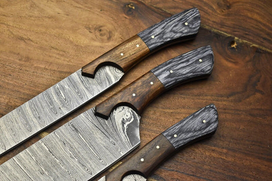 Lot of 3 Handmade Damascus Steel Full Tang Chef & Steak Knives