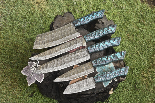 Custom Chef Knife Set Twist Damascus Steel with Hard Wood Handles – Lot of 5 Unique Decorative Knives