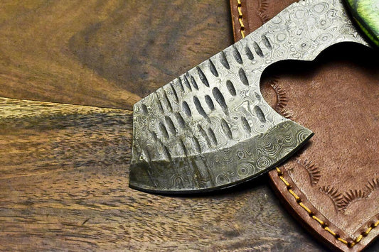 Hand Made Damascus Steel Hardwood Hunting Clever Chopper Axe Knife with Leather Sheath