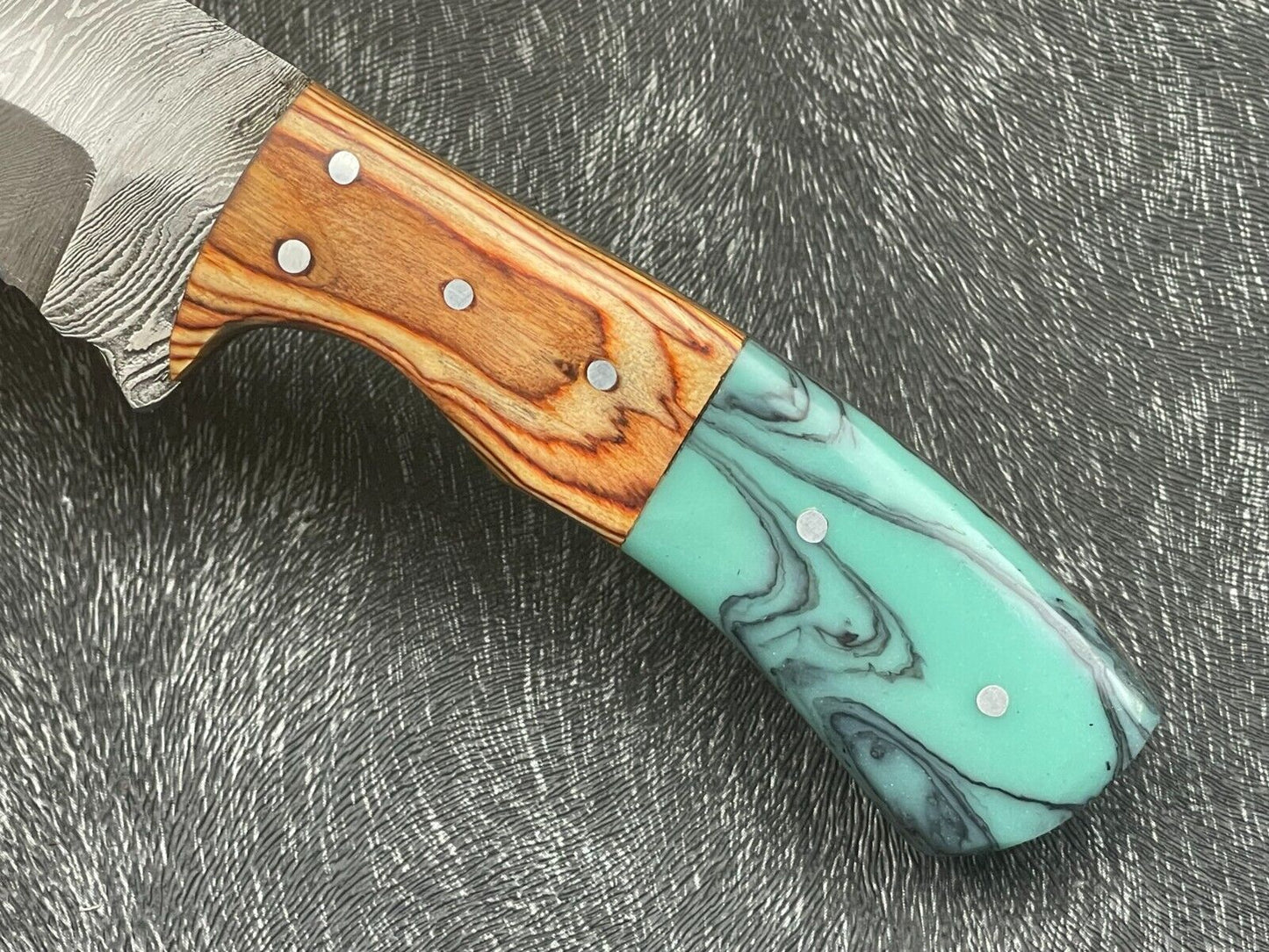 Handmade 8 Inch Damascus Skinning Knife with Resin and Hardwood Handle
