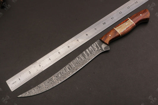 14" Custom Handmade Damascus Fillet Knife Fire Damascus Steel Fillet Knife
