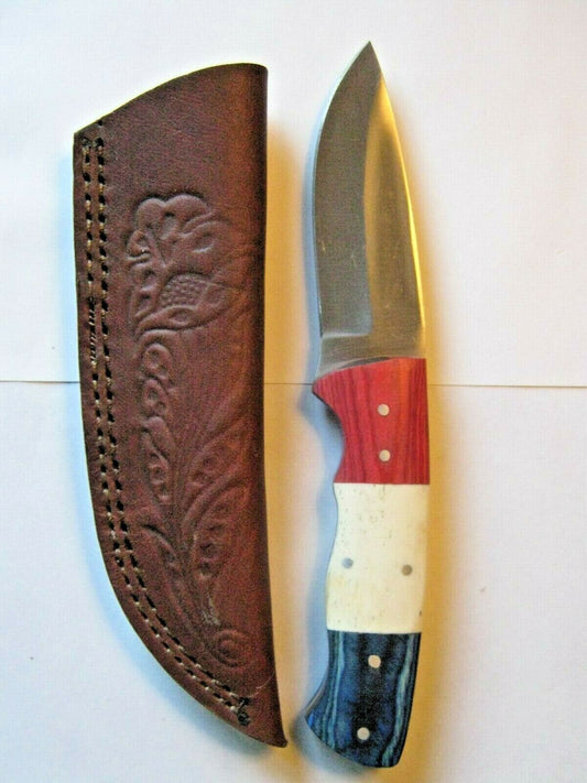 8" Red, White & Blue Skinner Knife – Full Tang Stainless Steel with Leather Sheath