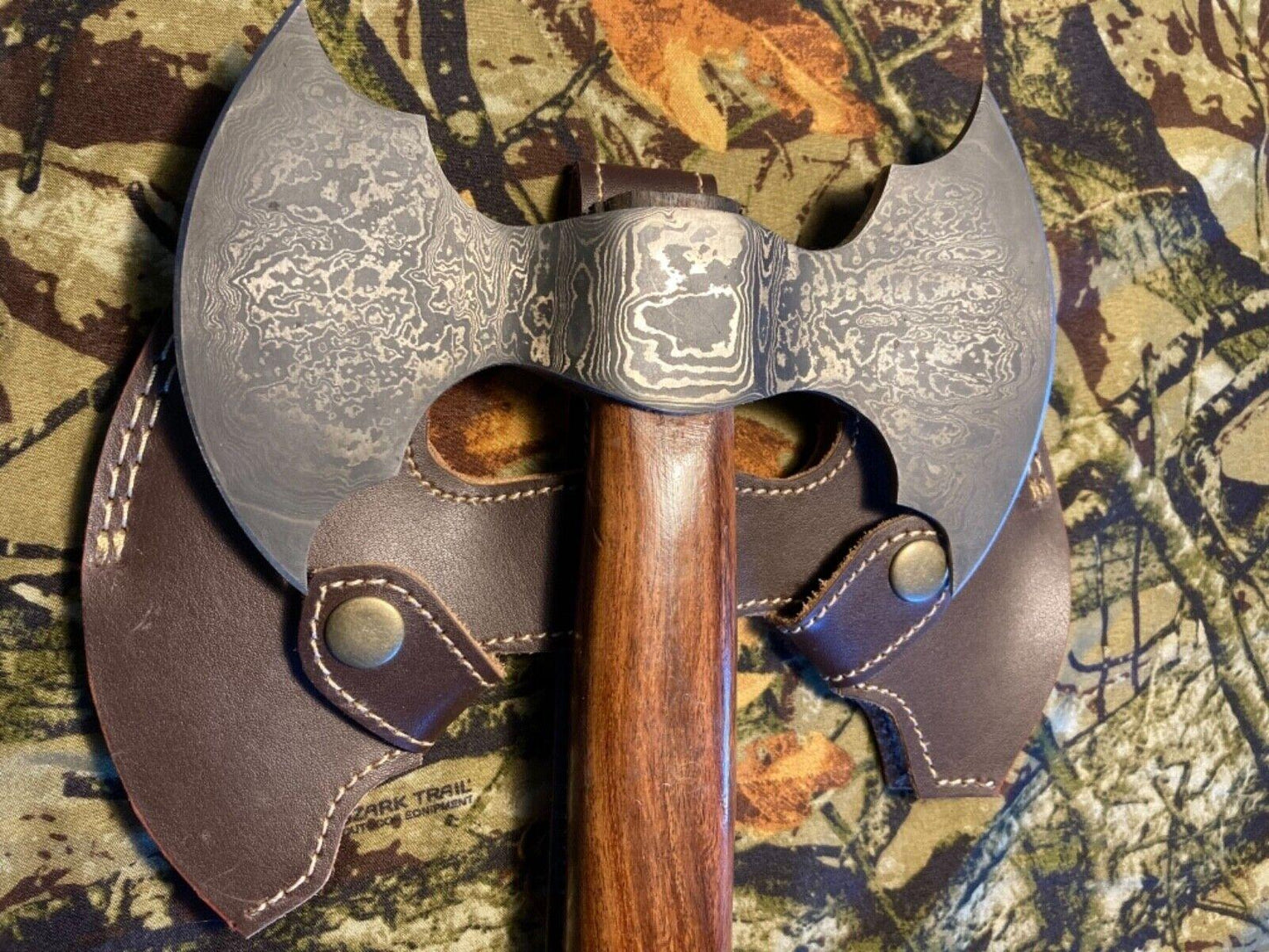 Handmade Damascus Steel Double Edge Battle Axe with Natural Wood Handle and Leather Sheath