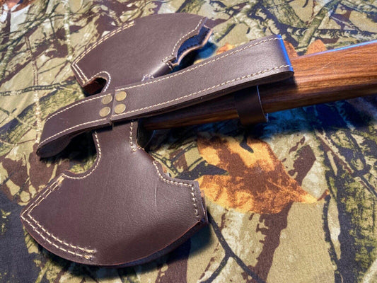Handmade Damascus Steel Double Edge Battle Axe with Natural Wood Handle and Leather Sheath