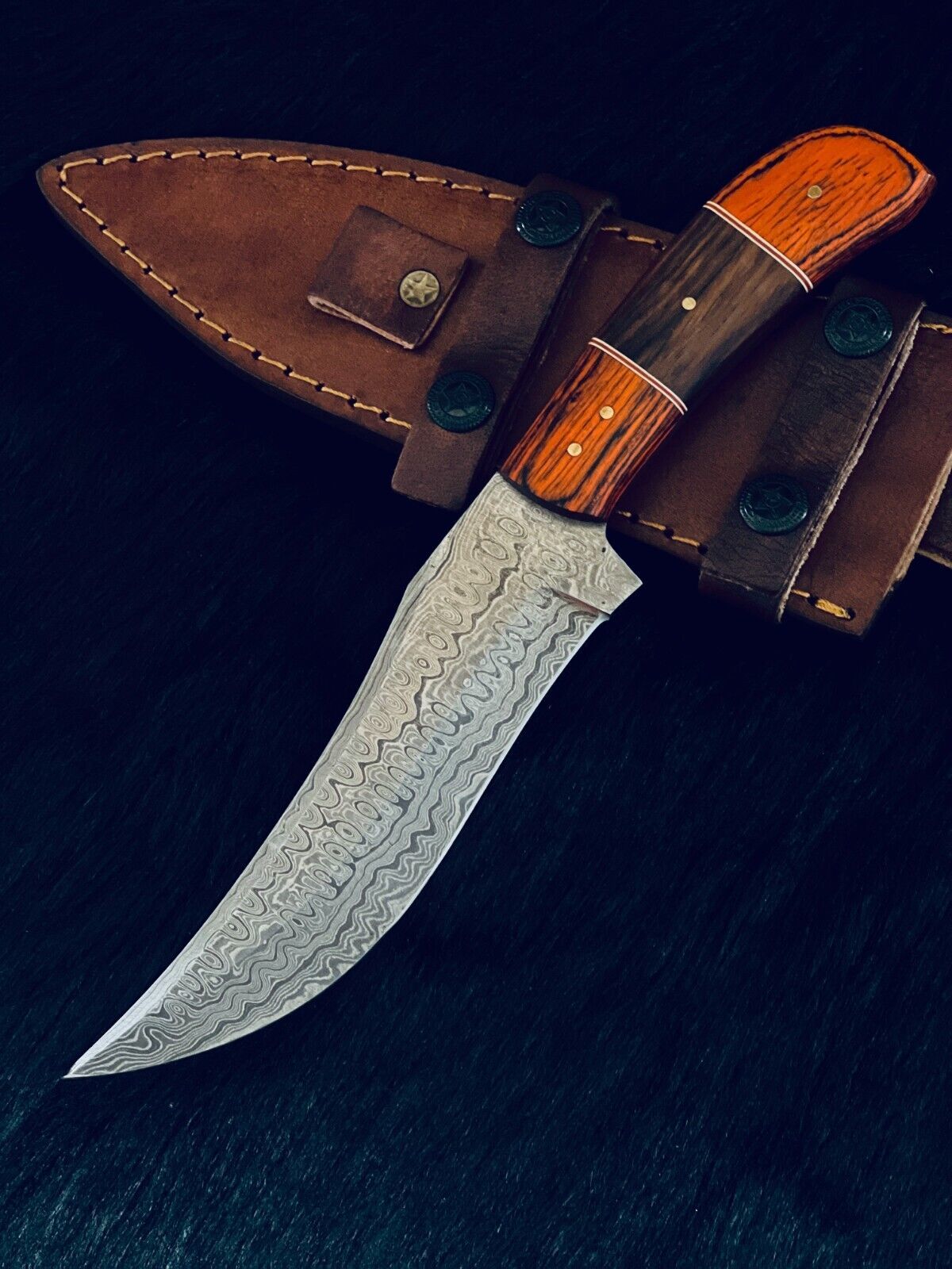 10" Custom Handmade Rain Drop Damascus Bowie Hunting Knife – Camel Bone & Wood Handle