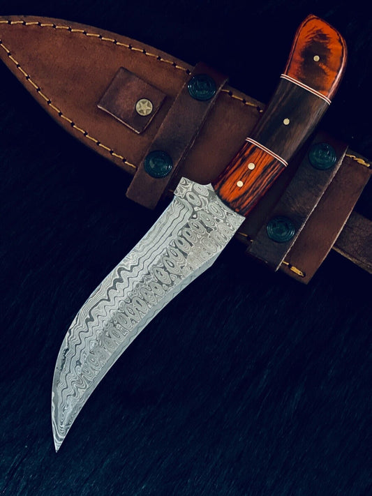 10" Custom Handmade Rain Drop Damascus Bowie Hunting Knife – Camel Bone & Wood Handle