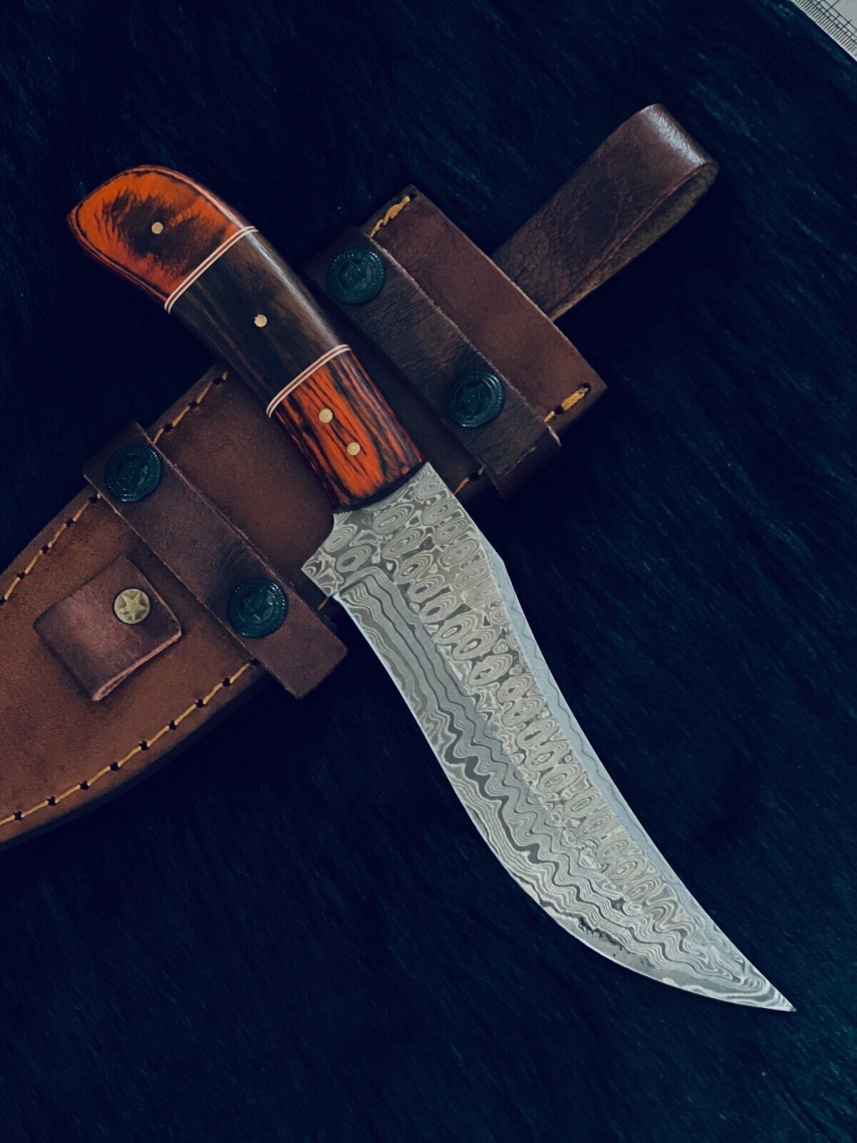 10" Custom Handmade Rain Drop Damascus Bowie Hunting Knife – Camel Bone & Wood Handle