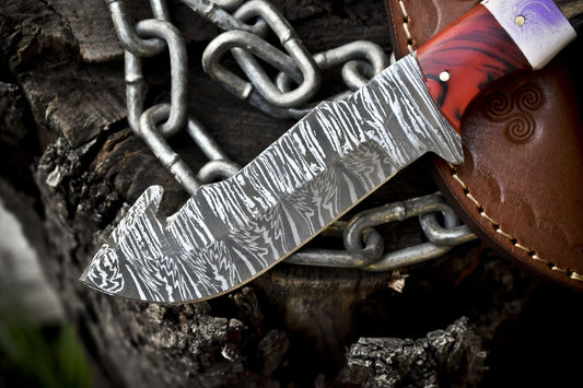 Twist Damascus Skinner Knife with Gut Hook and Hard Wood Handle – 9" Handmade Hunting Knife for Camping with Sheath