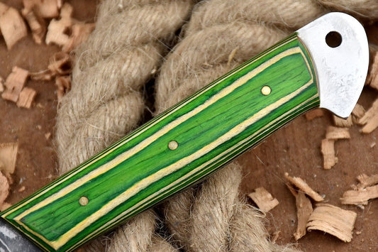 11'' Custom Handmade Damascus Steel Kitchen Chef Knife with Green & White Dollar Sheet Handle & Leather Sheath