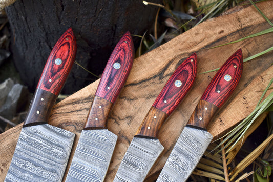 Forged Chef Knife Twist Damascus Hard Wood Wooden Bolster Lot of 4 EDC