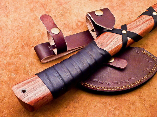 Exclusive Handmade Damascus Steel Battle Axe with Natural Wood Handle and Leather Sheath