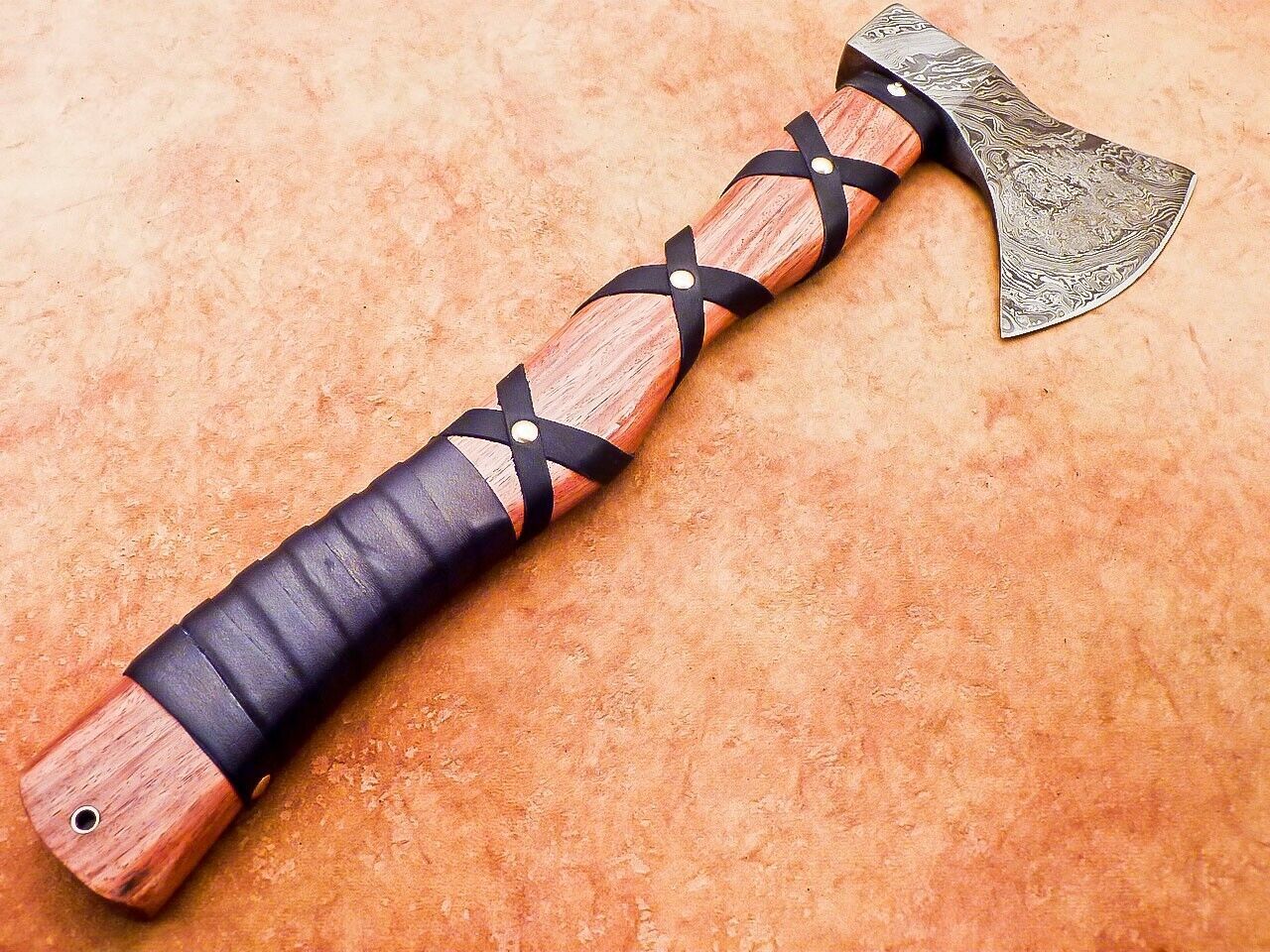 Exclusive Handmade Damascus Steel Battle Axe with Natural Wood Handle and Leather Sheath