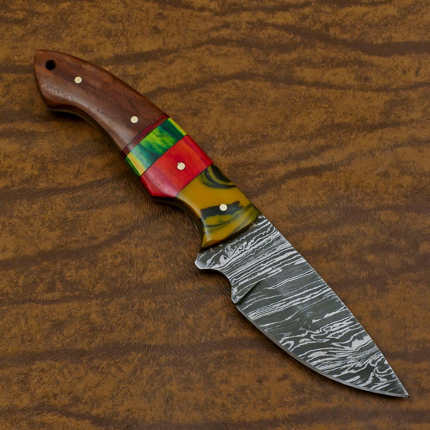 Custom Handmade Damascus Skinner Knife with Resin Wood Handle – EDC Hunting Blade