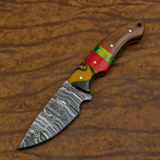 Custom Handmade Damascus Skinner Knife with Resin Wood Handle – EDC Hunting Blade