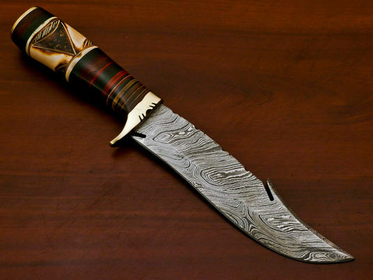 Handmade Damascus Custom Burn Camel Bone & Pakka Wood Bowie Hunting Knife – 12" Hunting Knife with Brass Guard