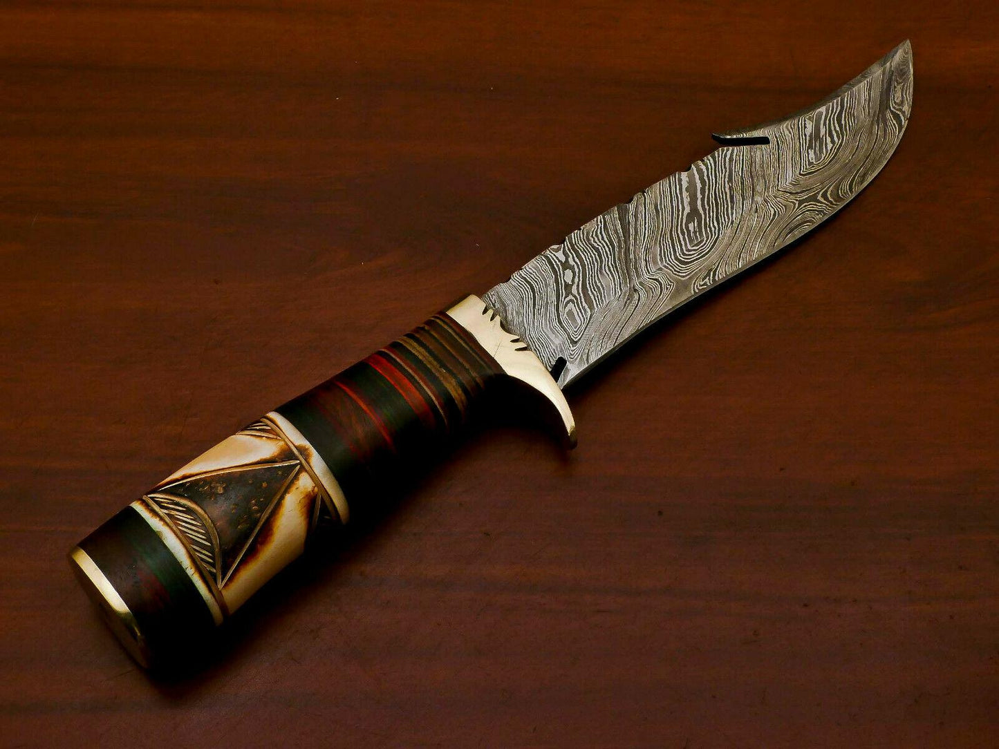Handmade Damascus Custom Burn Camel Bone & Pakka Wood Bowie Hunting Knife – 12" Hunting Knife with Brass Guard