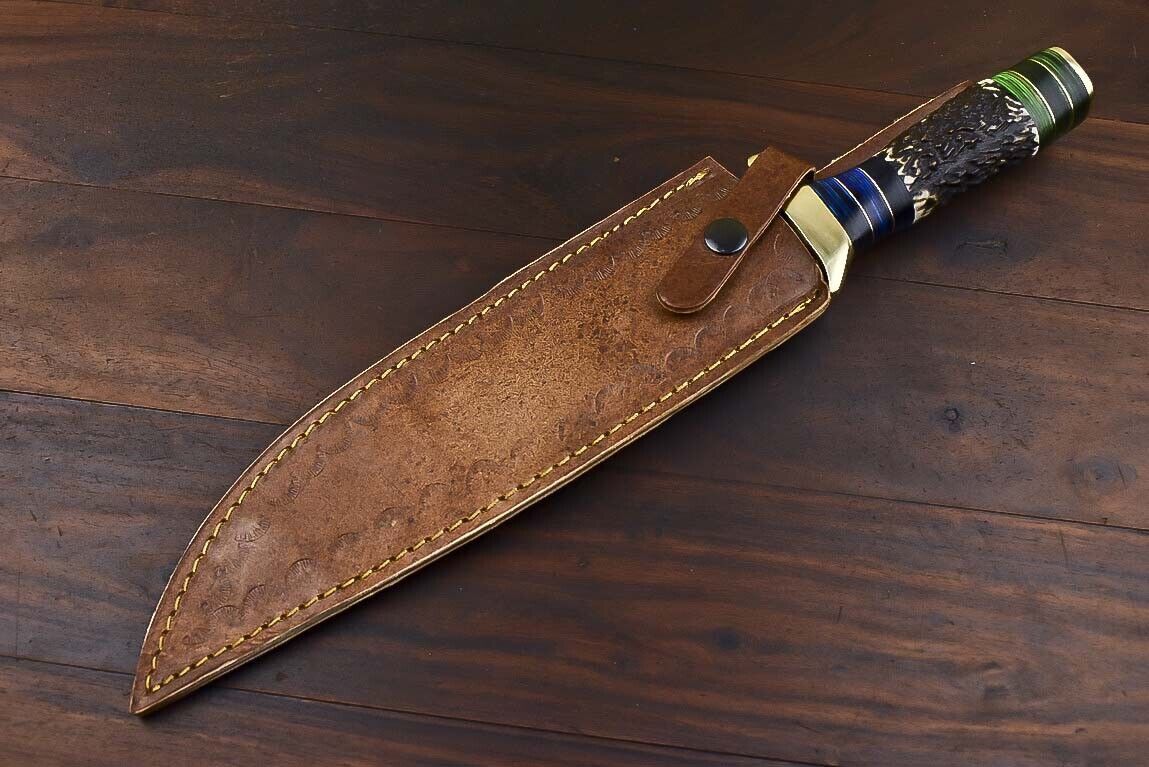 15 Inch Handmade Damascus Steel Bowie Knife with Stag Antler Handle