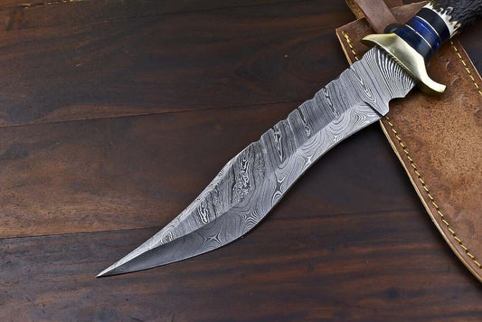 15 Inch Handmade Damascus Steel Bowie Knife with Stag Antler Handle