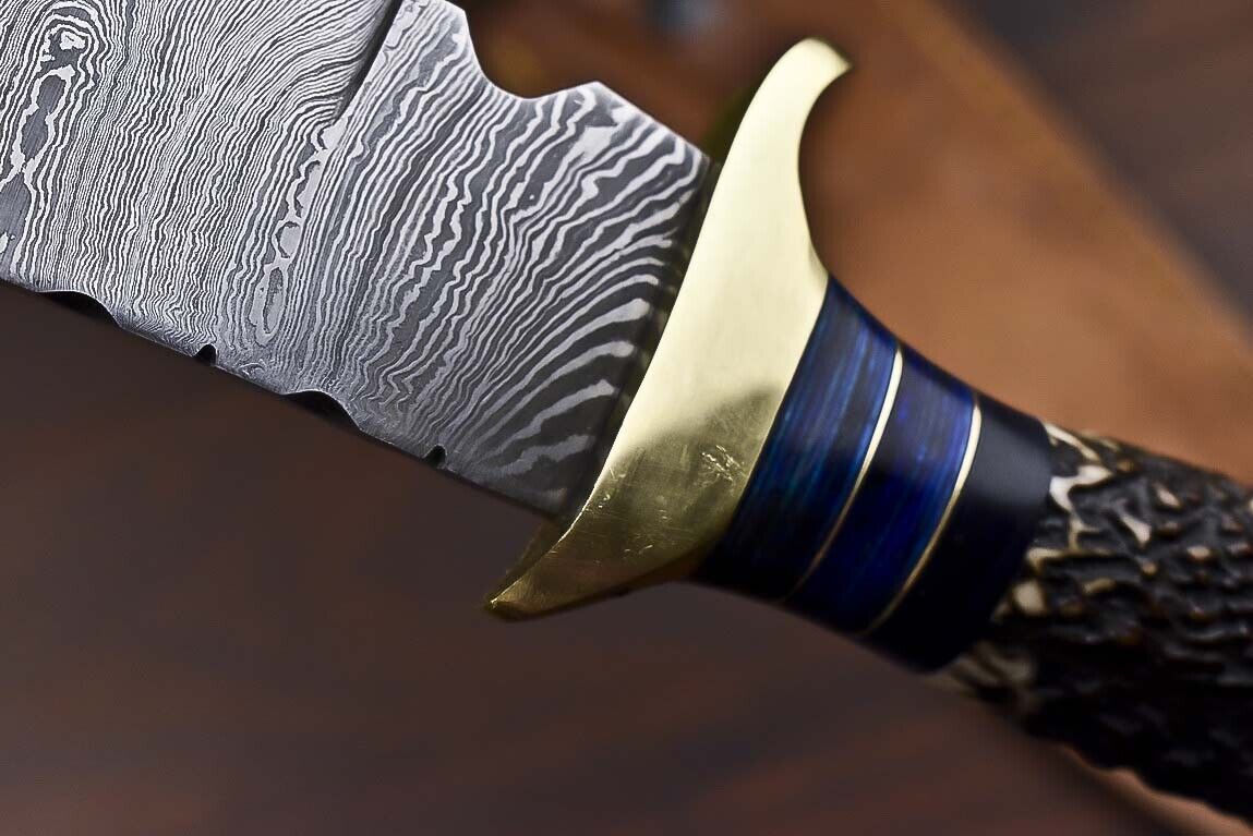 15 Inch Handmade Damascus Steel Bowie Knife with Stag Antler Handle
