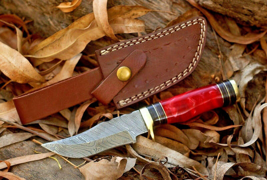 8" Handmade Damascus Bowie – Resin Handle with Brass Guard & Leather Sheath