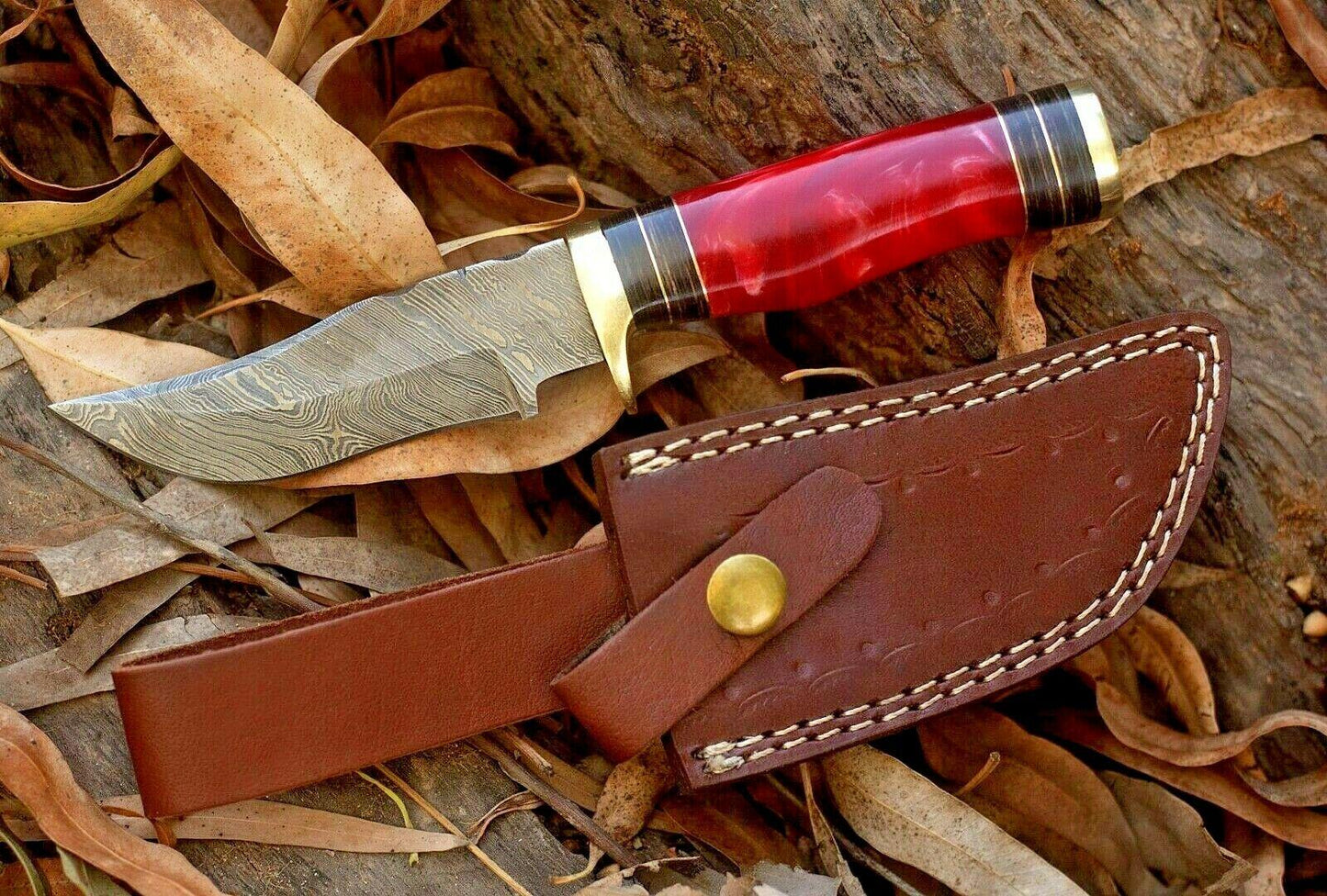 8" Handmade Damascus Bowie – Resin Handle with Brass Guard & Leather Sheath