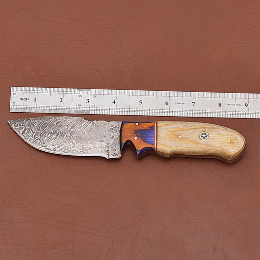 8" Handmade Damascus Skinner Knife with Wood Handle for Hunting and Camping