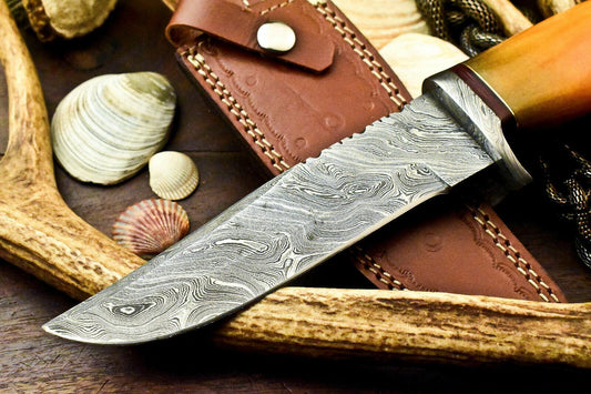 11" Handmade Damascus Bowie Knife – Camel Bone Handle with Leather Sheath