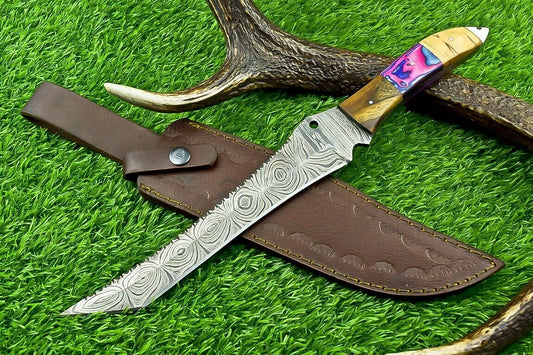 14 Inch Damascus Steel Bowie Knife with Natural Wood Handle