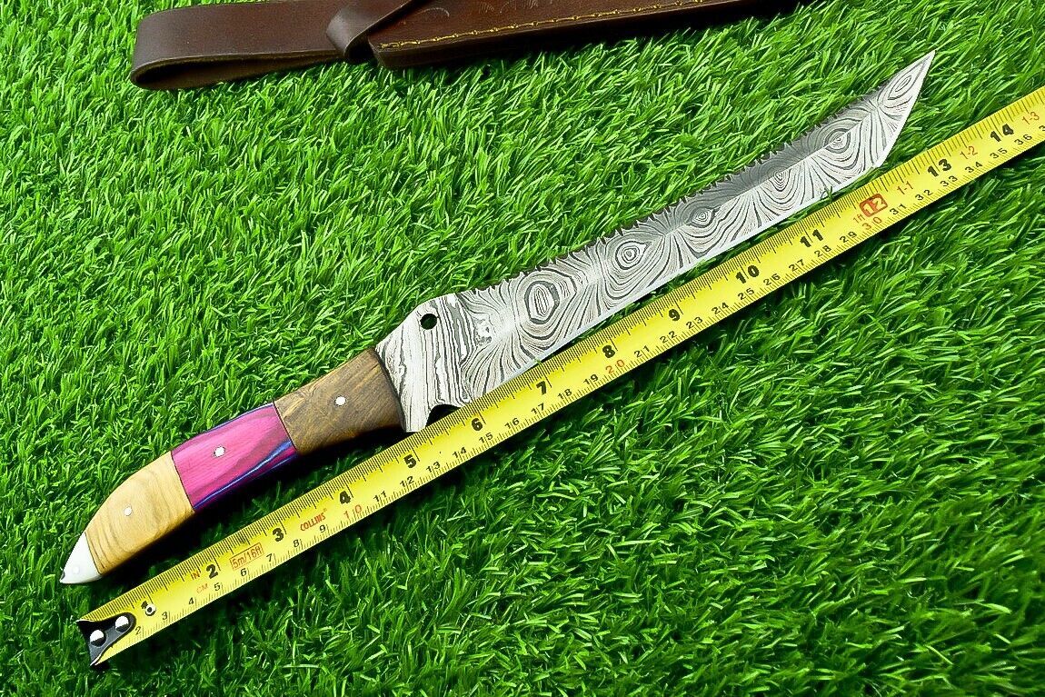 14 Inch Damascus Steel Bowie Knife with Natural Wood Handle