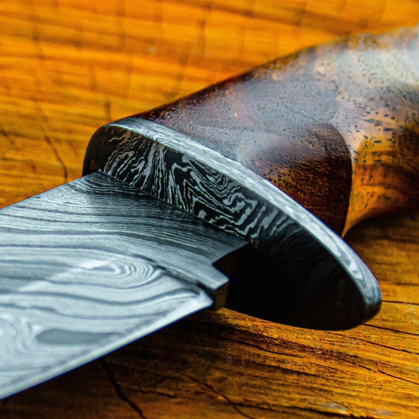 9" Custom Damascus Steel Bowie Knife – Wooden Handle & Leather Sheath