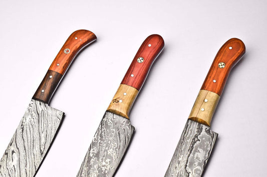 Set of 3 Handmade Damascus Steel Chef Knives – Full Tang Kitchen Cutlery