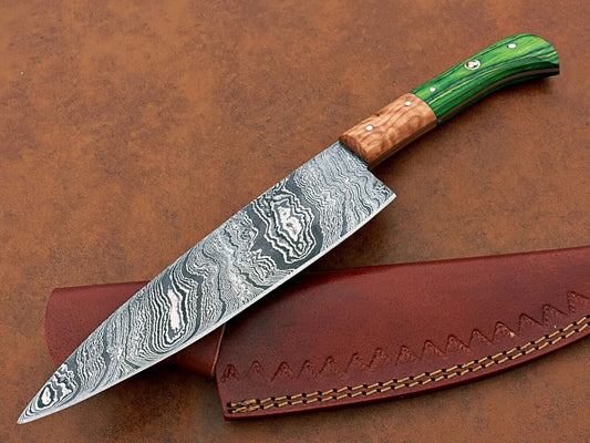 Custom Hand Forged Damascus Chef Knife Camping & Kitchen Knife with Leather Sheath – Gift