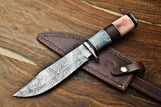 Heritage Forge 12 Inch Handmade Damascus Bowie Knife with Camel Bone Handle