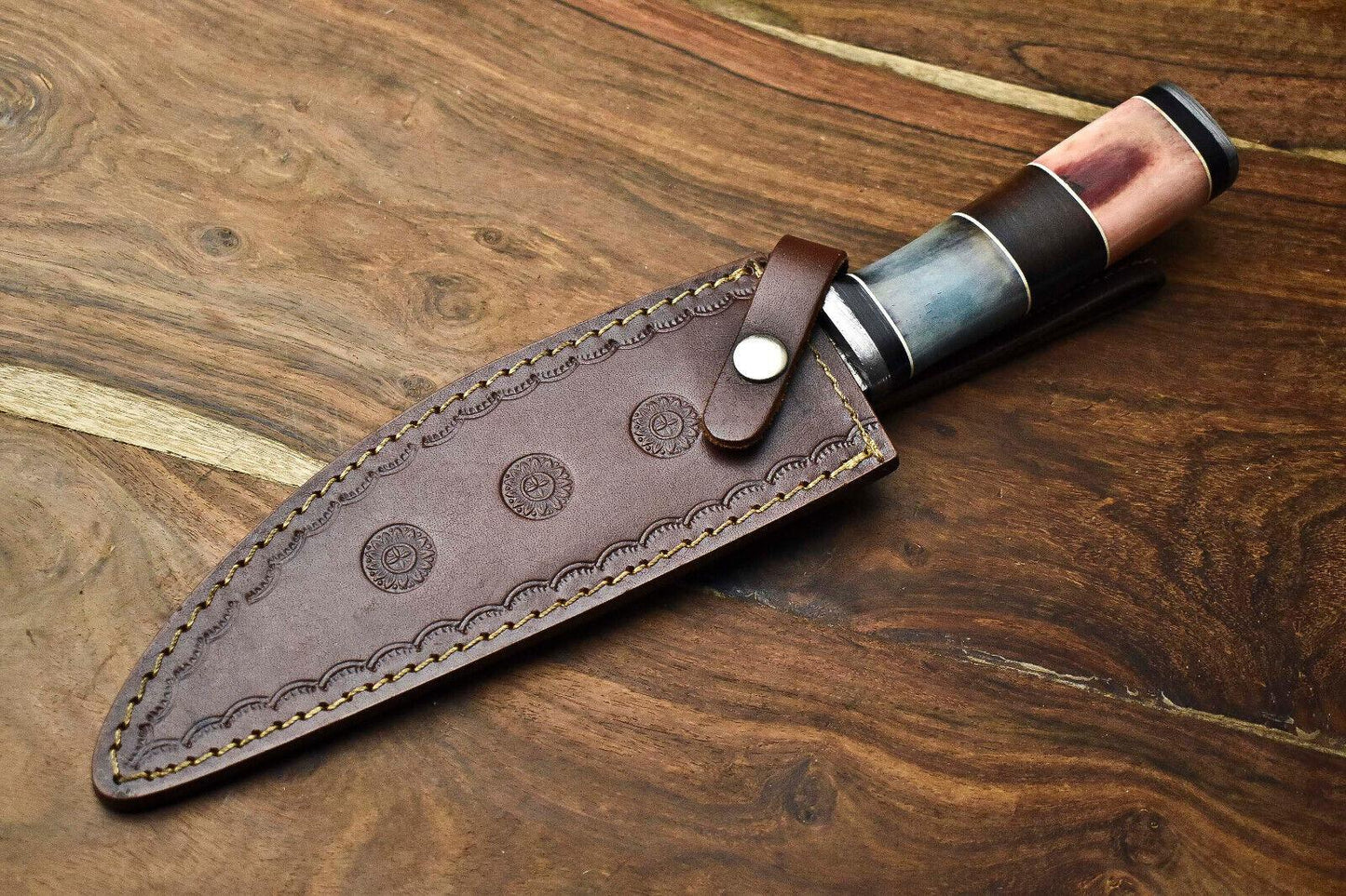 Heritage Forge 12 Inch Handmade Damascus Bowie Knife with Camel Bone Handle