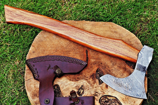 Handmade Axe Hatchet Tomahawk Wood Handle | Hand Forged Damascus Steel Twist Pattern – 17.5-Inch Viking Axe with Leather Sheath