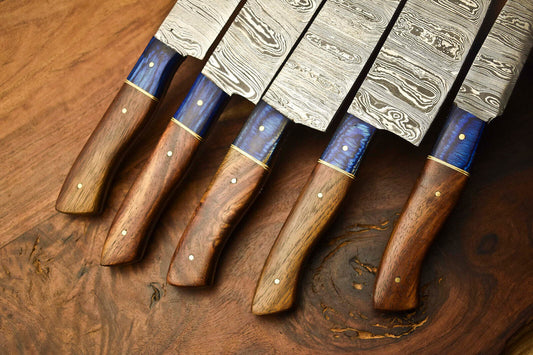 Lot Of 5 Handmade Damascus Steel Blade Chef Knife Set – 100% Forged, Hammered Kitchen Knives