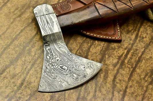 Custom Handmade Damascus Steel Axe Tomahawk Hatchet Knife with Hardwood Handle