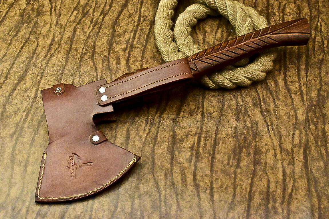 Custom Handmade Damascus Steel Axe Tomahawk Hatchet Knife with Hardwood Handle