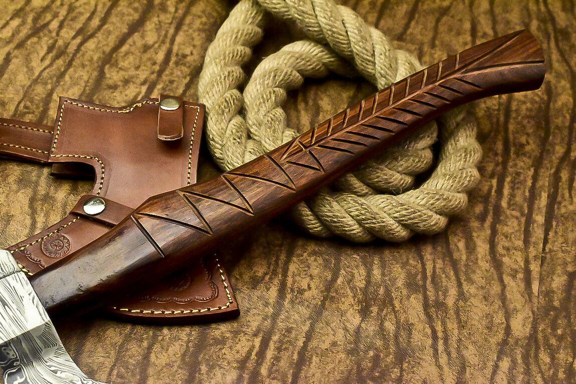 Custom Handmade Damascus Steel Axe Tomahawk Hatchet Knife with Hardwood Handle