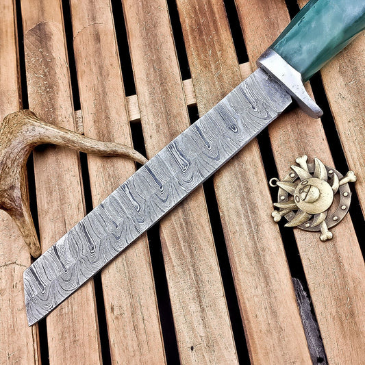 14" Damascus Hunting Knife – Resin Handle, Outdoor Fixed Blade