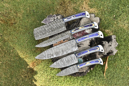 Custom Chef Knife Twist Damascus Hard Wood Lot of 5 | Survival & Kitchen Set