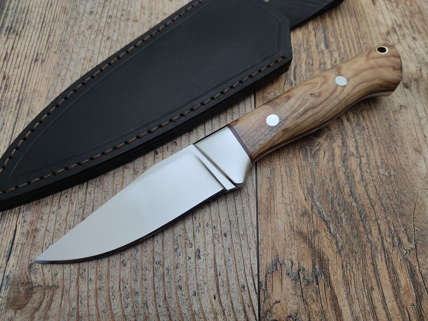 8.7" 12c27 Stainless Steel Skinner Knife with Olive Wood Handle & Leather Sheath – Handmade Hunting & Camping Blade