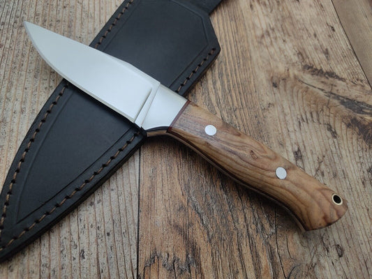 8.7" 12c27 Stainless Steel Skinner Knife with Olive Wood Handle & Leather Sheath – Handmade Hunting & Camping Blade