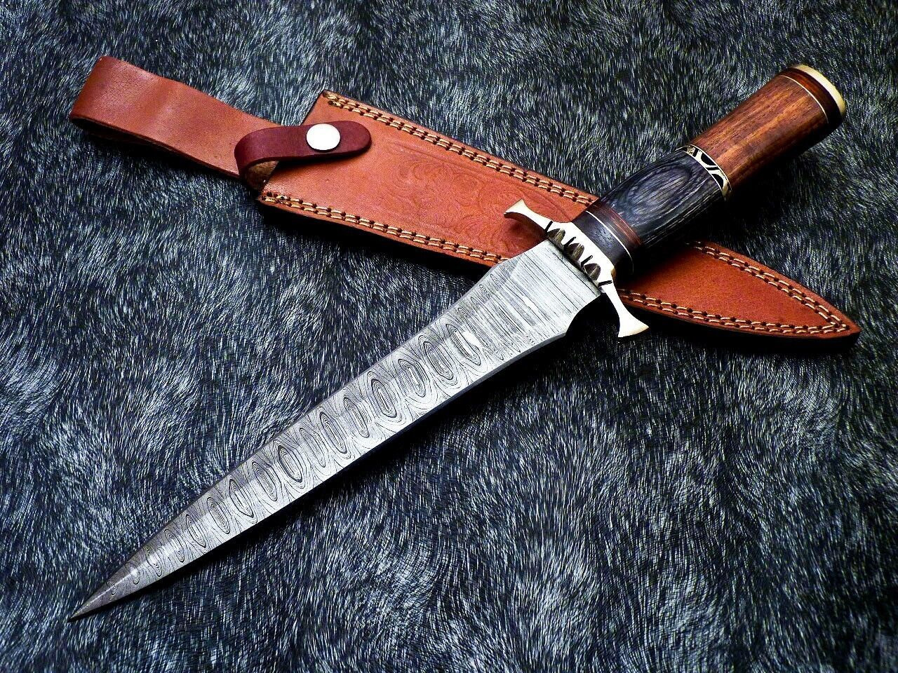 Custom Hand Forged Damascus Steel 13" Dagger Hunting Bowie Knife | Natural Wood Handle