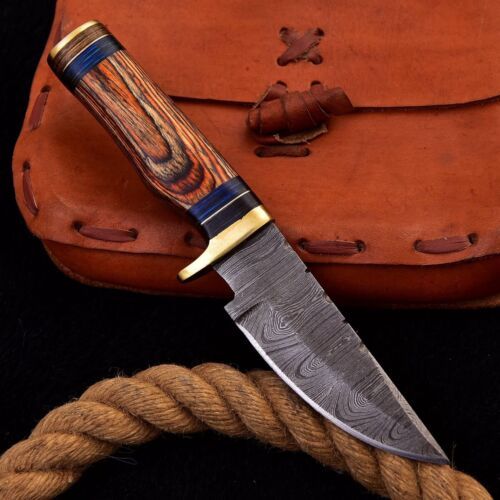 Custom Damascus Steel Tactical Hunting & Survival Knife – Fixed Blade Skinning Tracker with Leather Sheath