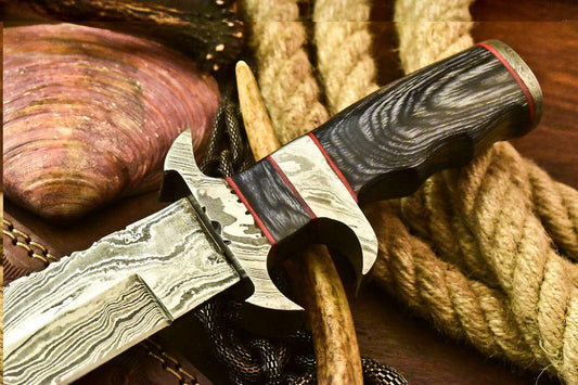 13" Damascus Steel Sub-Hilt Bowie Hunting Knife – Leather Sheath