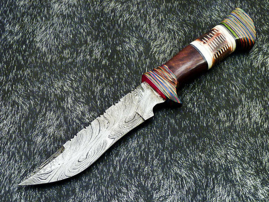 Hand Forged Damascus 11" Bowie Hunting Knife | Engraved Camel Bone Handle