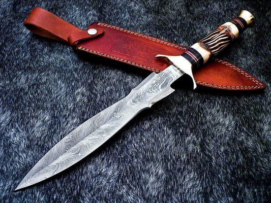 Custom Hand Forged Damascus Steel 15" Dagger Hunting Bowie Knife – Engraved Camel Bone & Hardwood Handle